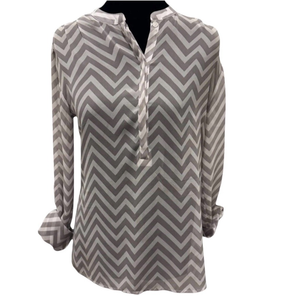 Sheer Chiffon Chevron Blouse XS Henley Top Hi-low Roll Tab Romantic Dainty A.N.A